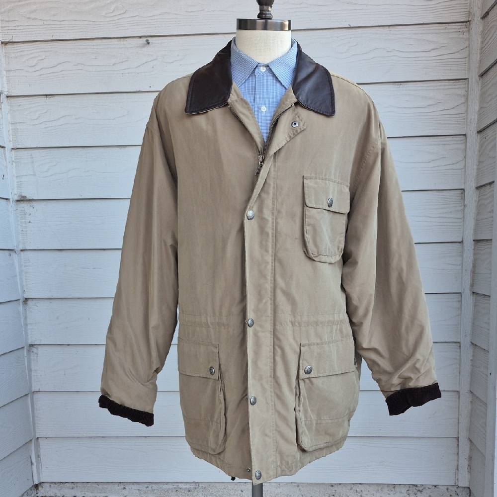 EDDIE BAUER Beige Olive Mens Leather Collar Corduroy XL Full Button Chore Jacket